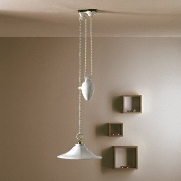Lampes Suspensions - Suspension en Porcelaine Blanche, Réglage de la Hauteur par Contrepoids